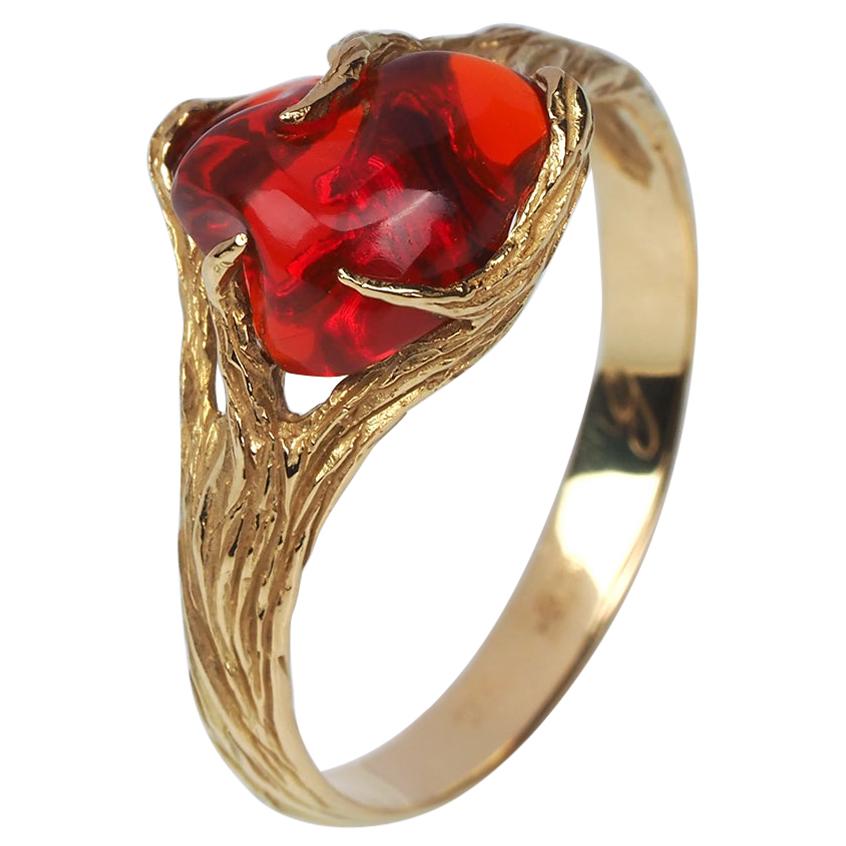 Fire Opal Gold Ring Red Gemstone 18K Yellow Gold Modern Engagement Jewelry