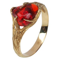 Fire Opal Gold Ring Red Gemstone 18K Yellow Gold Modern Engagement Jewelry