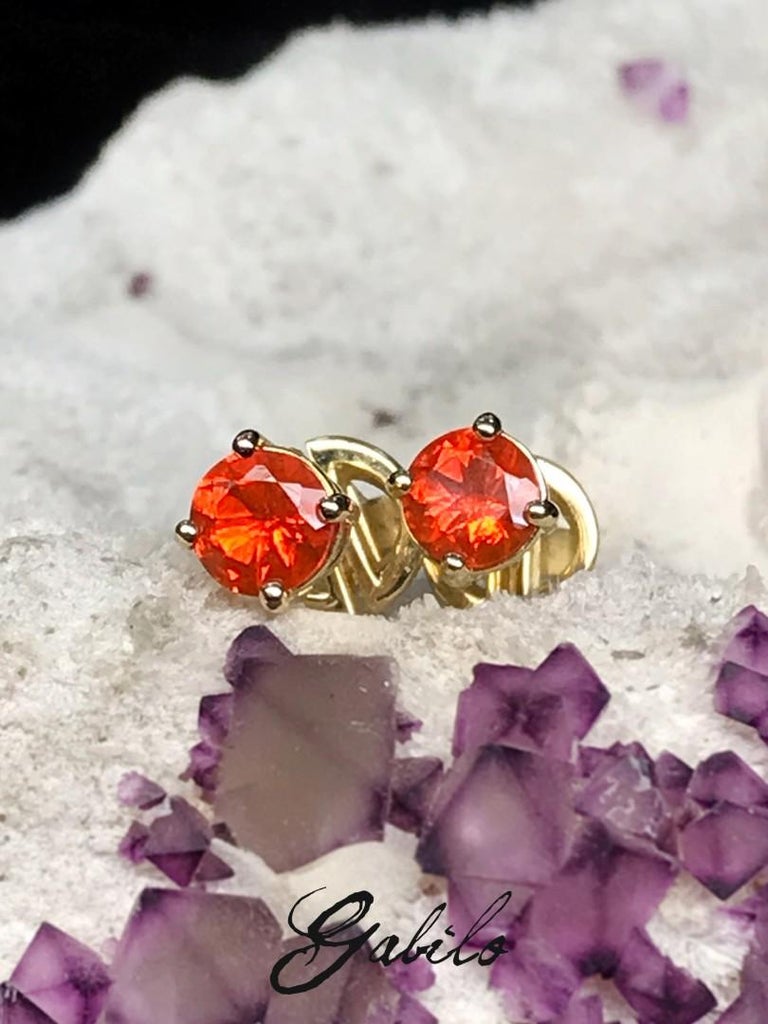Artisan Fire Opal Gold Stud Earrings stud Orange Mexican Opal For Sale