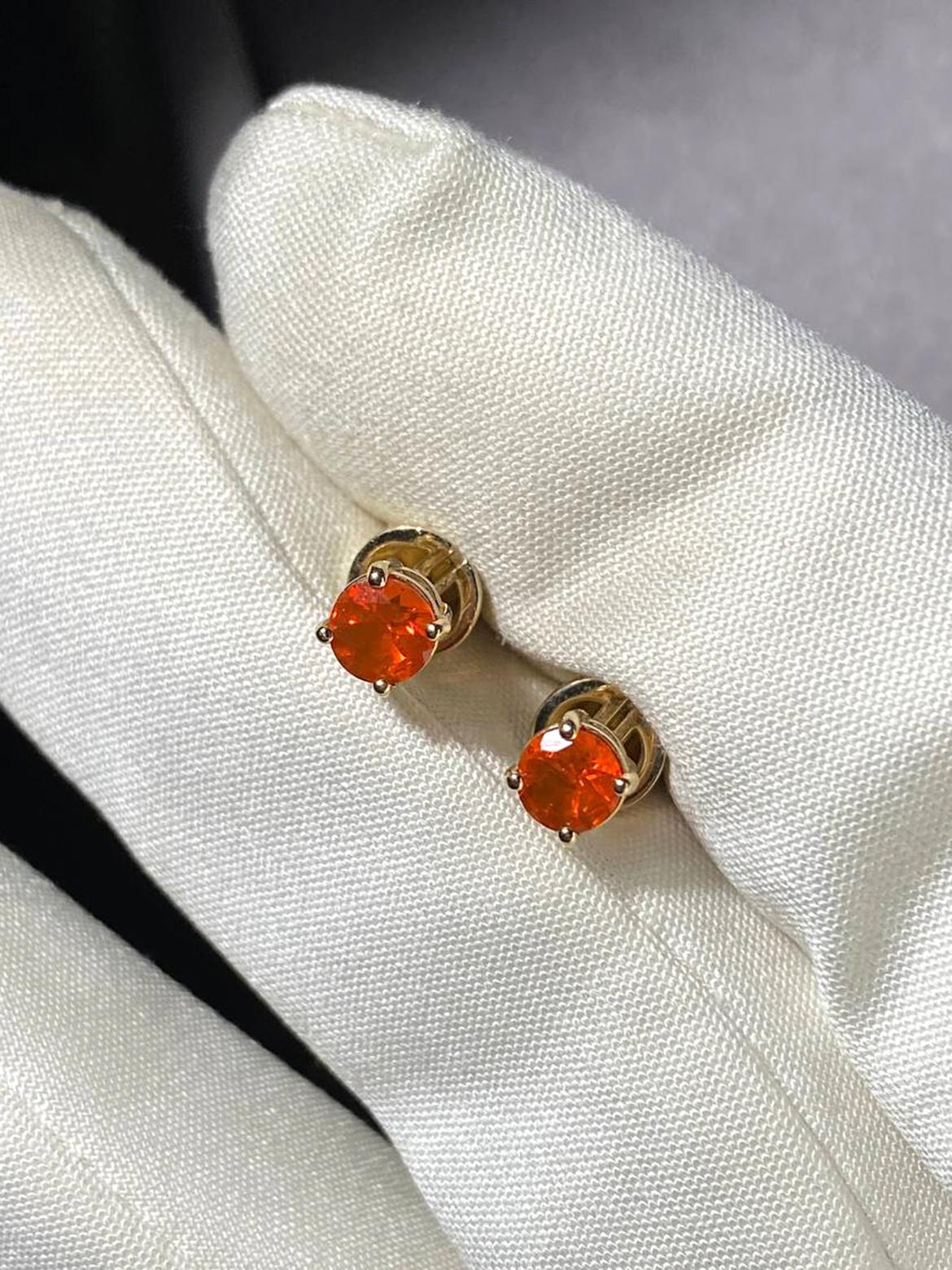 Women's or Men's Fire Opal Gold Stud Earrings stud Orange Mexican Opal For Sale