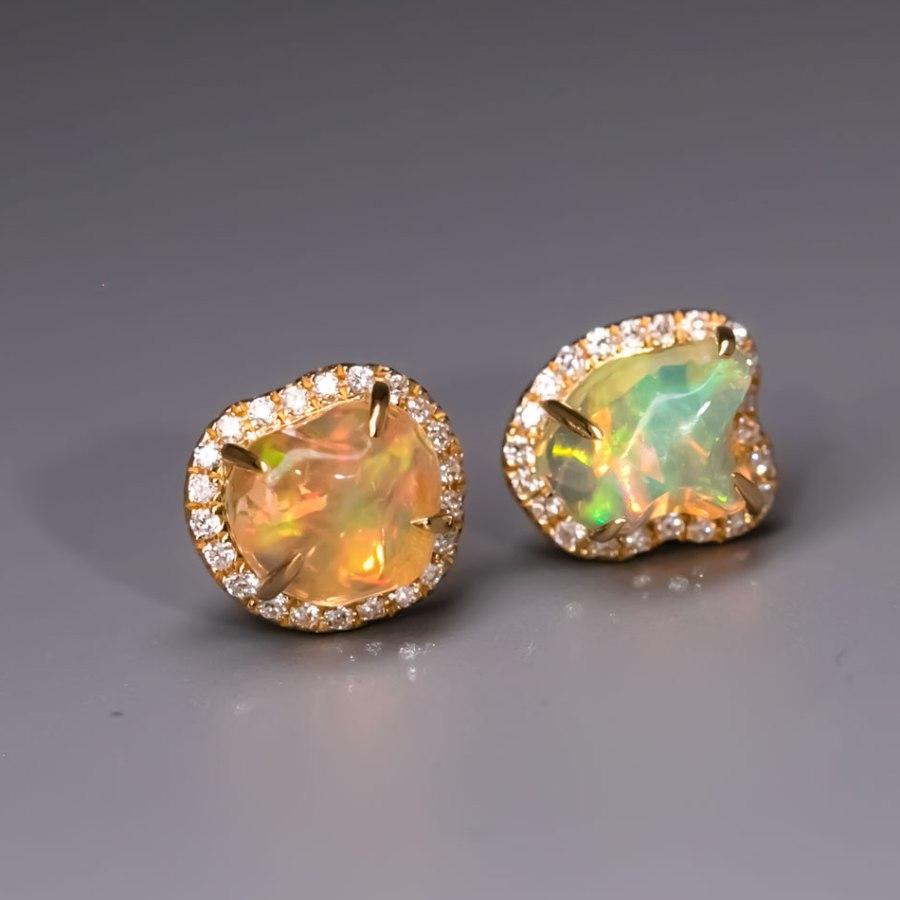 Artist Fire Opal Halo Diamond Asymmetrical Stud Earrings 18K Yellow Gold For Sale