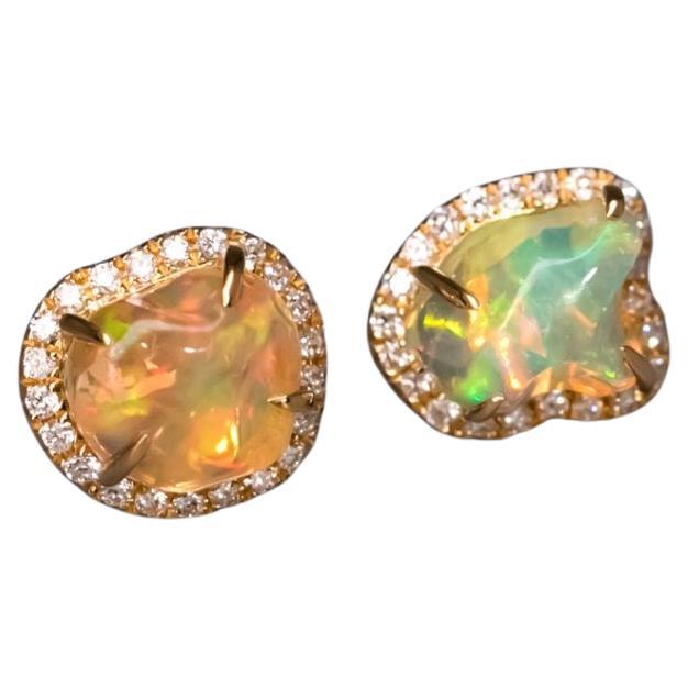 Fire Opal Halo Diamond Asymmetrical Stud Earrings 18K Yellow Gold For Sale
