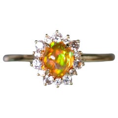 Fire Opal Halo Diamond Engagement Ring 18K Yellow Gold