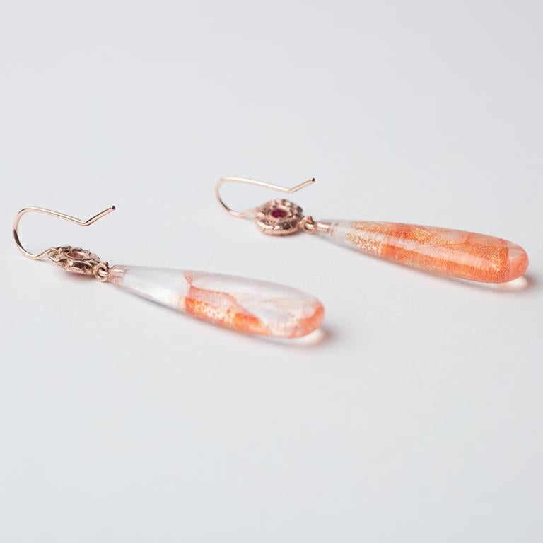 Fire Opal in Agate Drops, 18 Karat Rose Gold Discs Set with Pink Sapphires 1