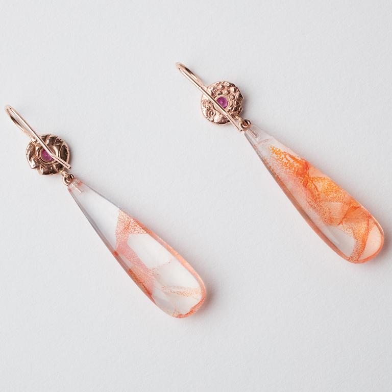 Fire Opal in Agate Drops, 18 Karat Rose Gold Discs Set with Pink Sapphires 2