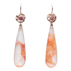 Fire Opal in Agate Drops, 18 Karat Rose Gold Discs Set with Pink Sapphires