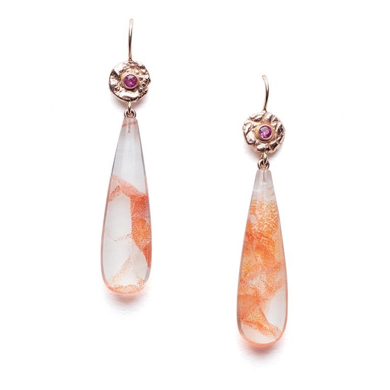 Contemporary Fire Opal in Agate Drops, 18 Karat Rose Gold Discs Set with Pink Sapphires