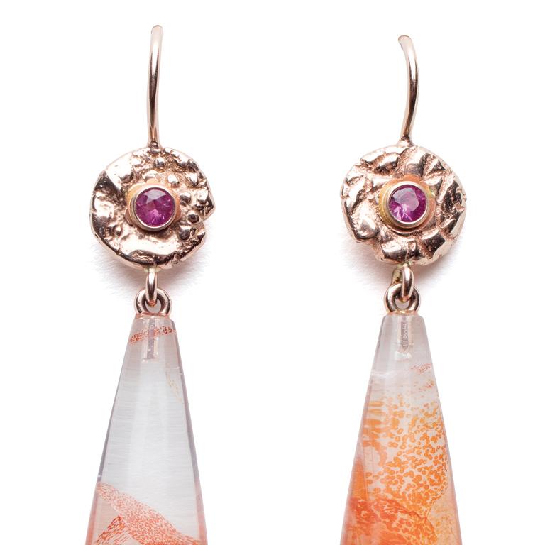Round Cut Fire Opal in Agate Drops, 18 Karat Rose Gold Discs Set with Pink Sapphires