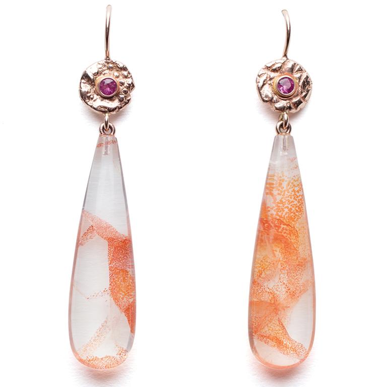 Women's Fire Opal in Agate Drops, 18 Karat Rose Gold Discs Set with Pink Sapphires