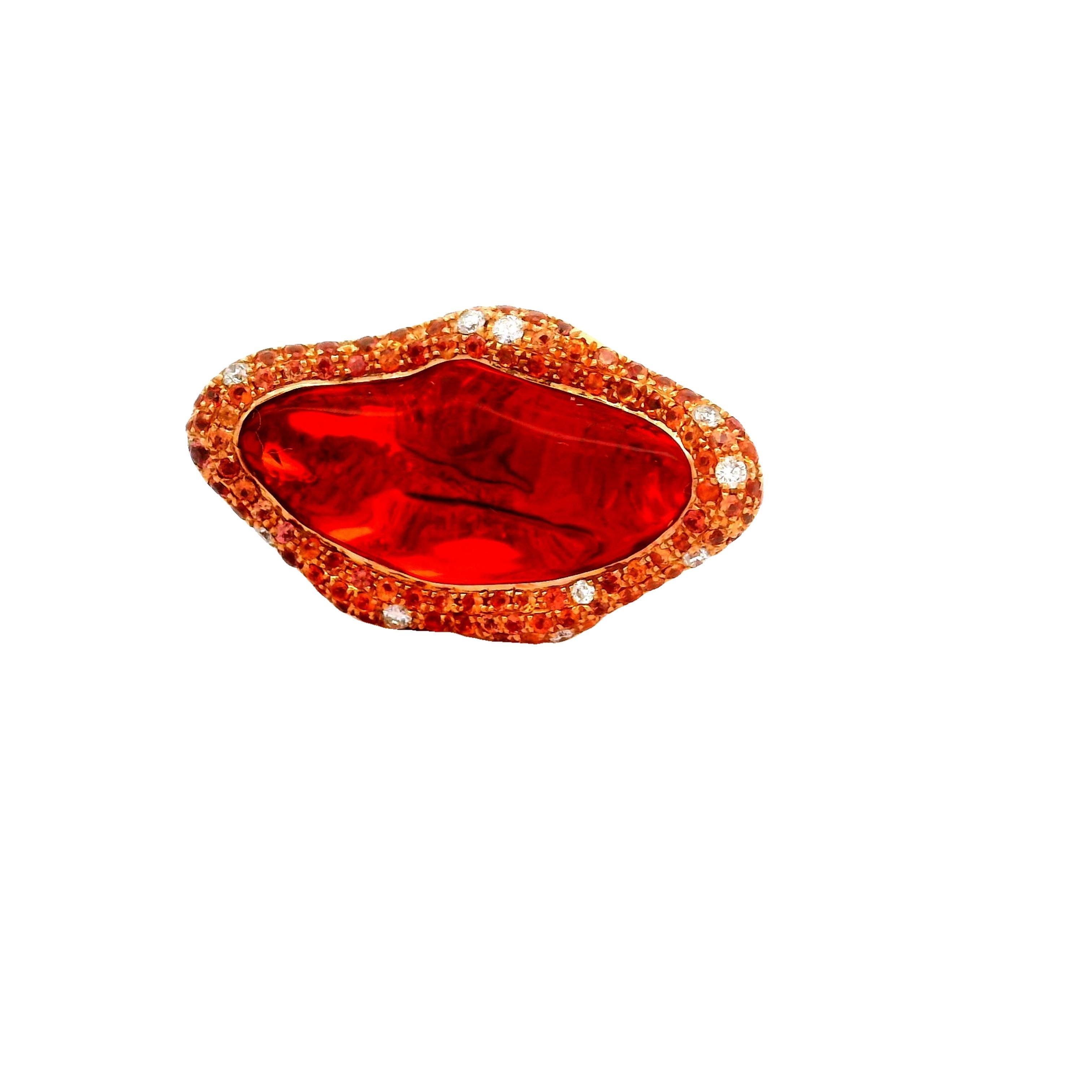 Contemporary Fire Opal Orange Sapphire Diamond 18k Yellow Gold Ring
