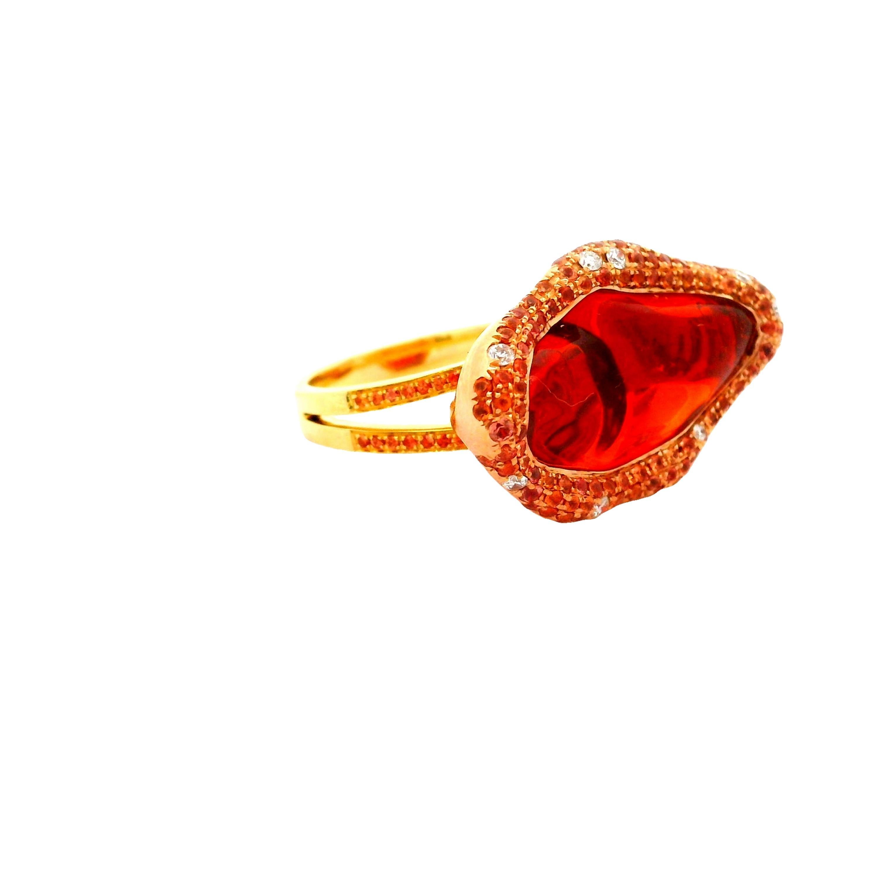 Brilliant Cut Fire Opal Orange Sapphire Diamond 18k Yellow Gold Ring
