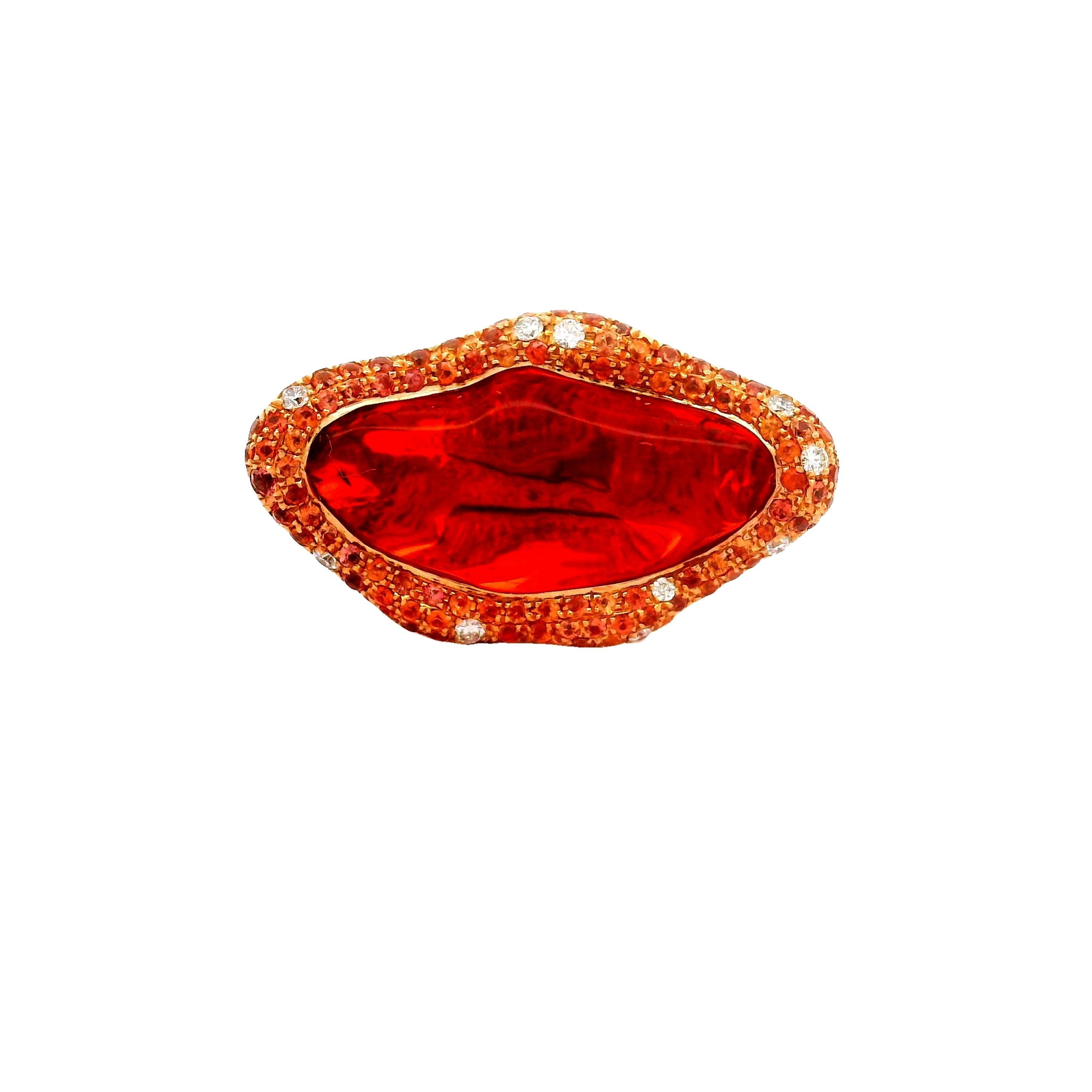 Ópalo de Fuego Zafiro Naranja Diamante Anillo de Oro Amarillo de 18k