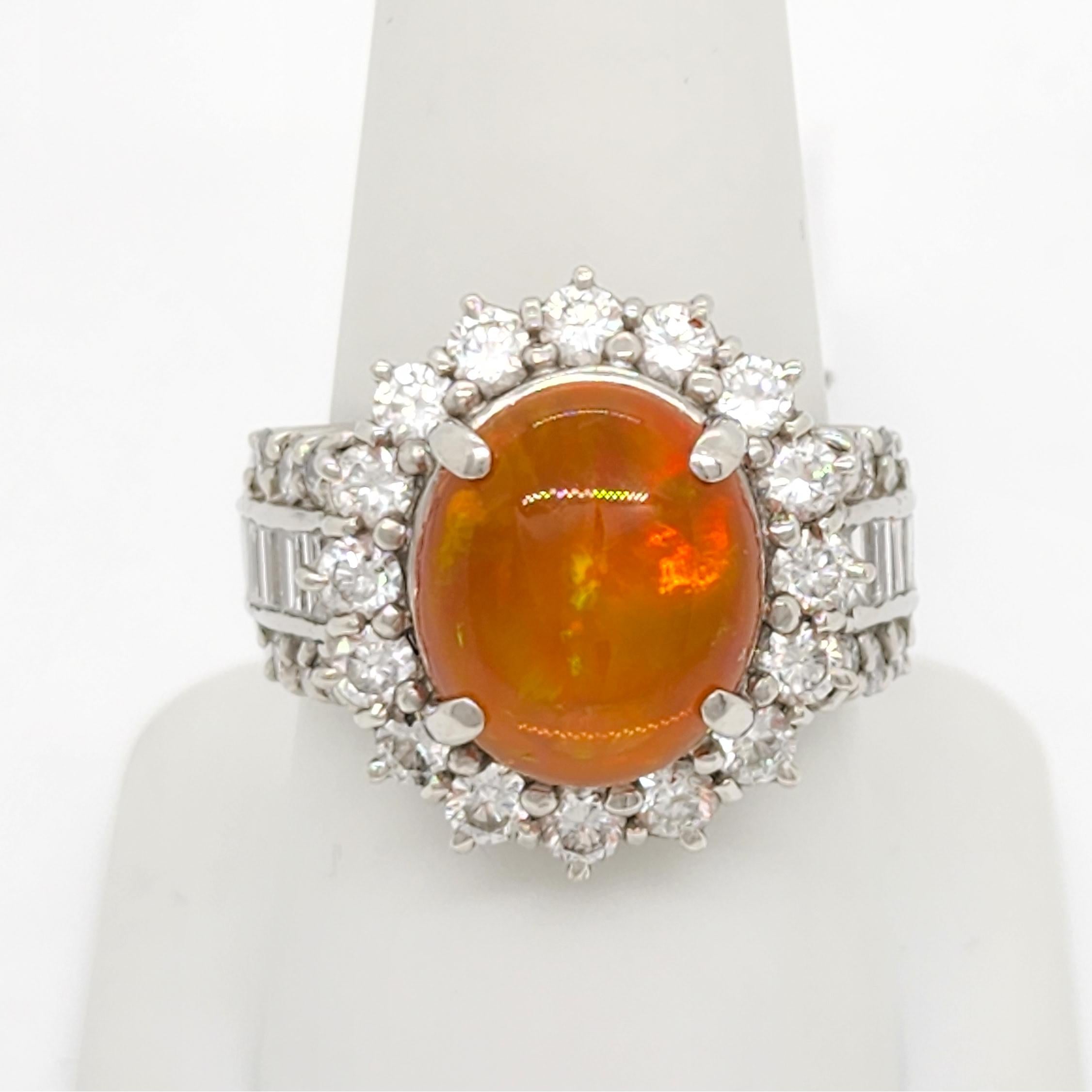 Fire Opal Oval and Diamond Ring in Platinum In New Condition In Los Angeles, CA