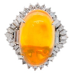 Fire Opal Oval Cabochon and White Diamond Cocktail Ring in Platinum