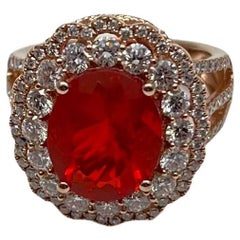 Fire Opal Oval Shape Cut Diamond Halo 14 Karat Rose Gold Statement Classic Ring