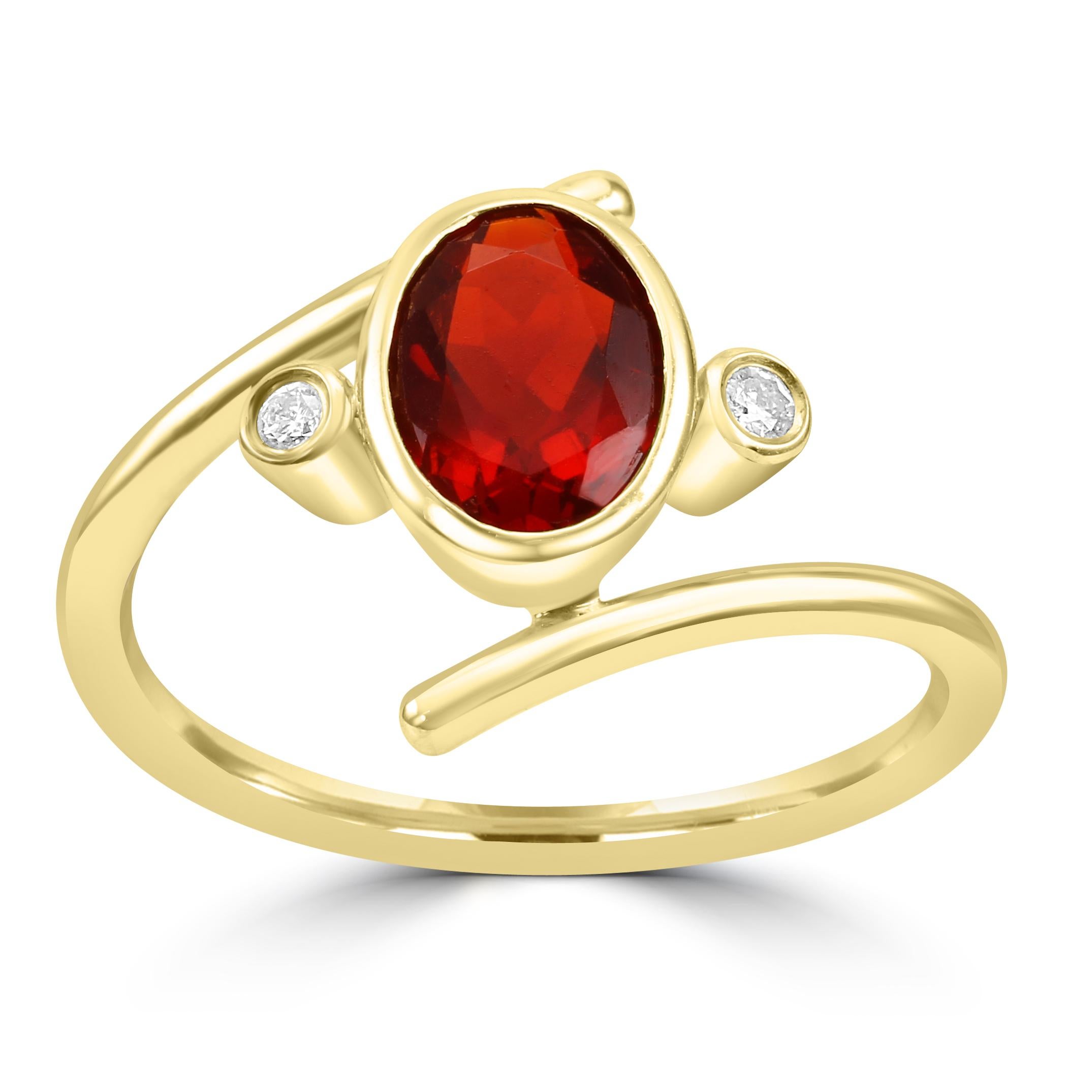 The centerpiece of this ring is the Mexican Fire Opal, renowned for its intense play of colors that mimic the flickering flames. Weighing 0.76 carats, the opal steals the spotlight, emanating a fiery glow that captures attention and adds a dynamic
