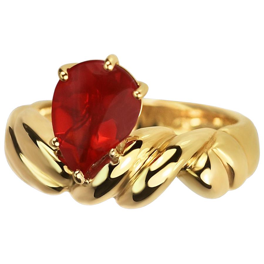 Fire Opal Paisley Teardrop Shape in 18 Carat Yellow Gold Carved Woven Band For Sale