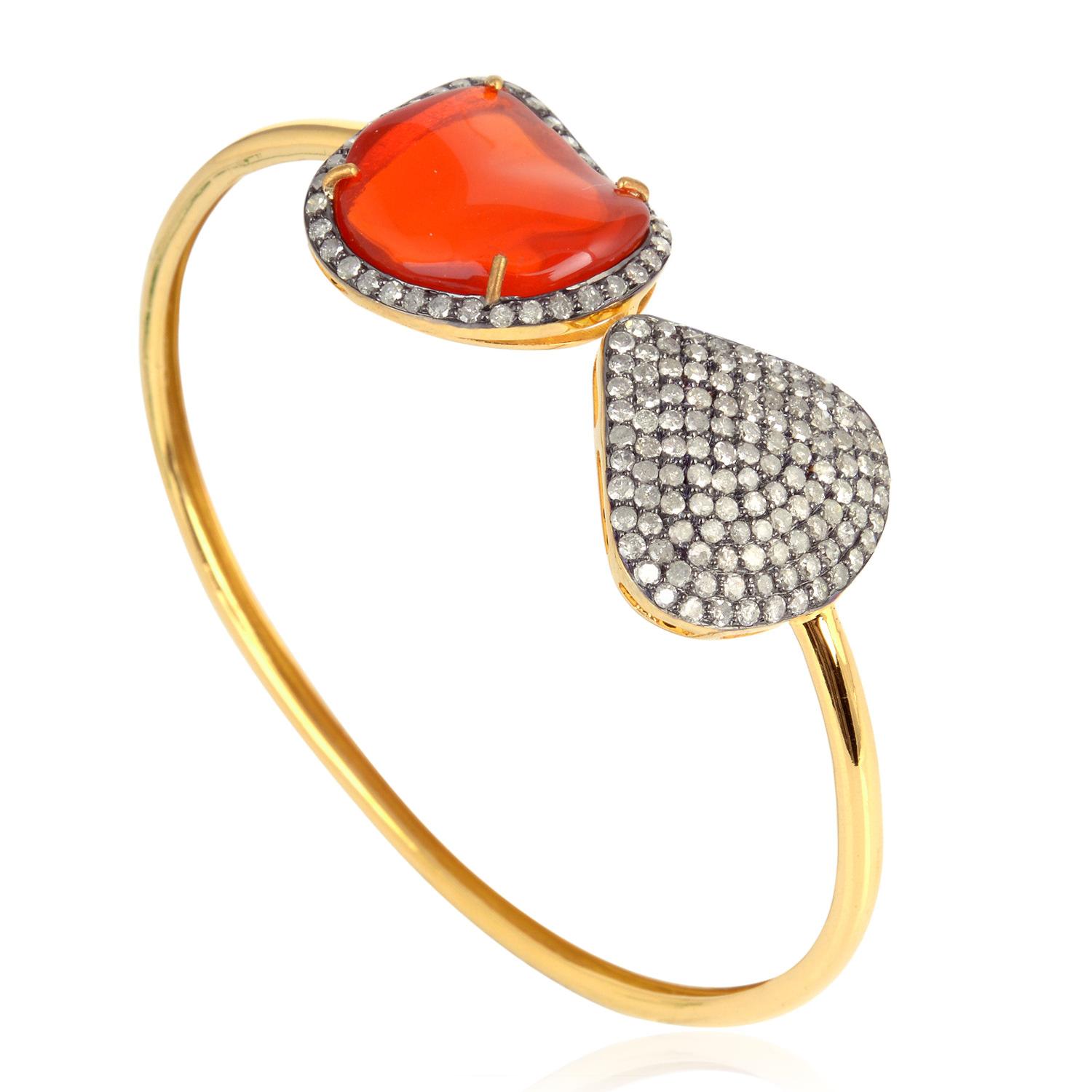 Mixed Cut Fire Opal & Pave Diamonds Bracelet Made in 18k Gold & Silver For Sale