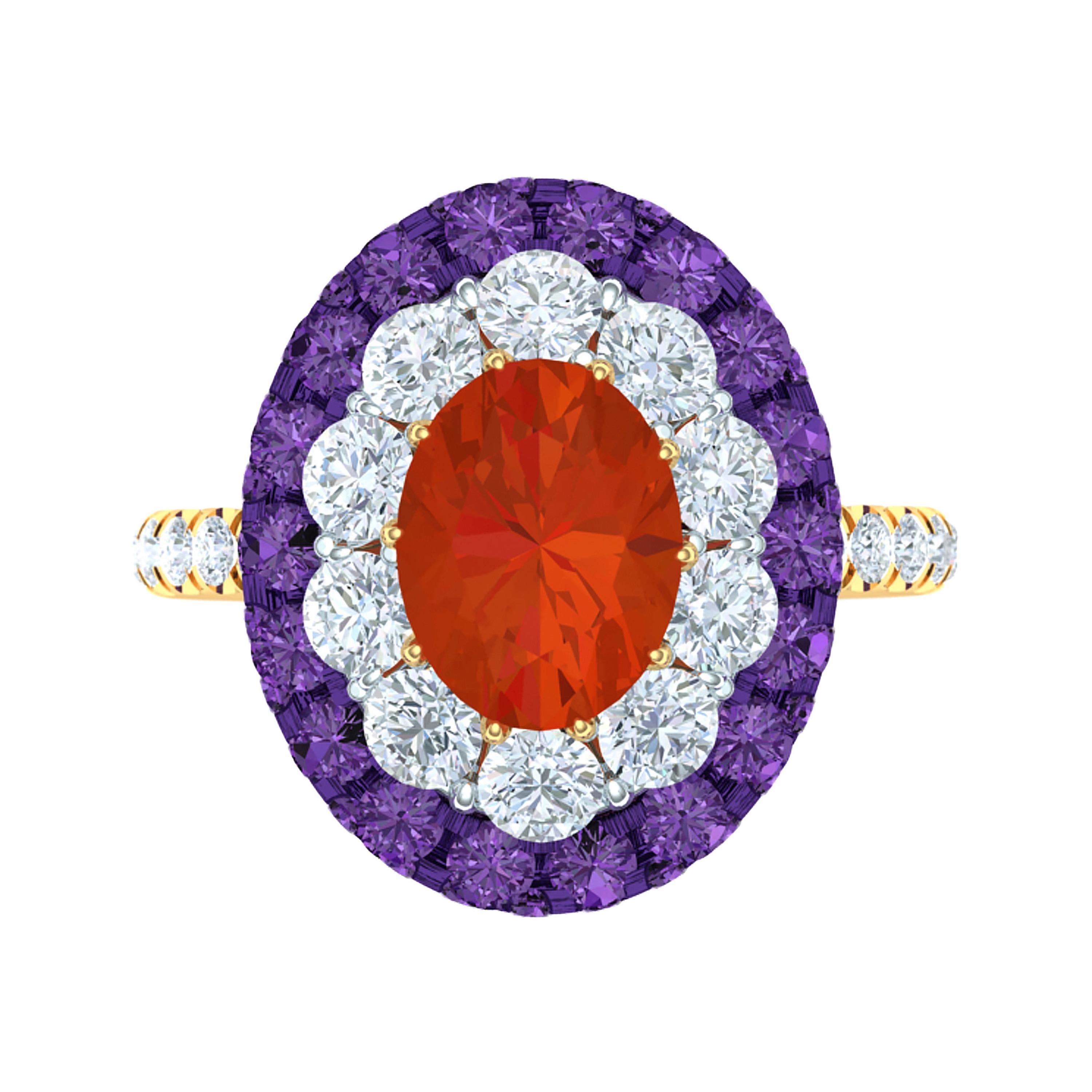 Fire Opal, Purple Sapphire and Diamond Cocktail Ring