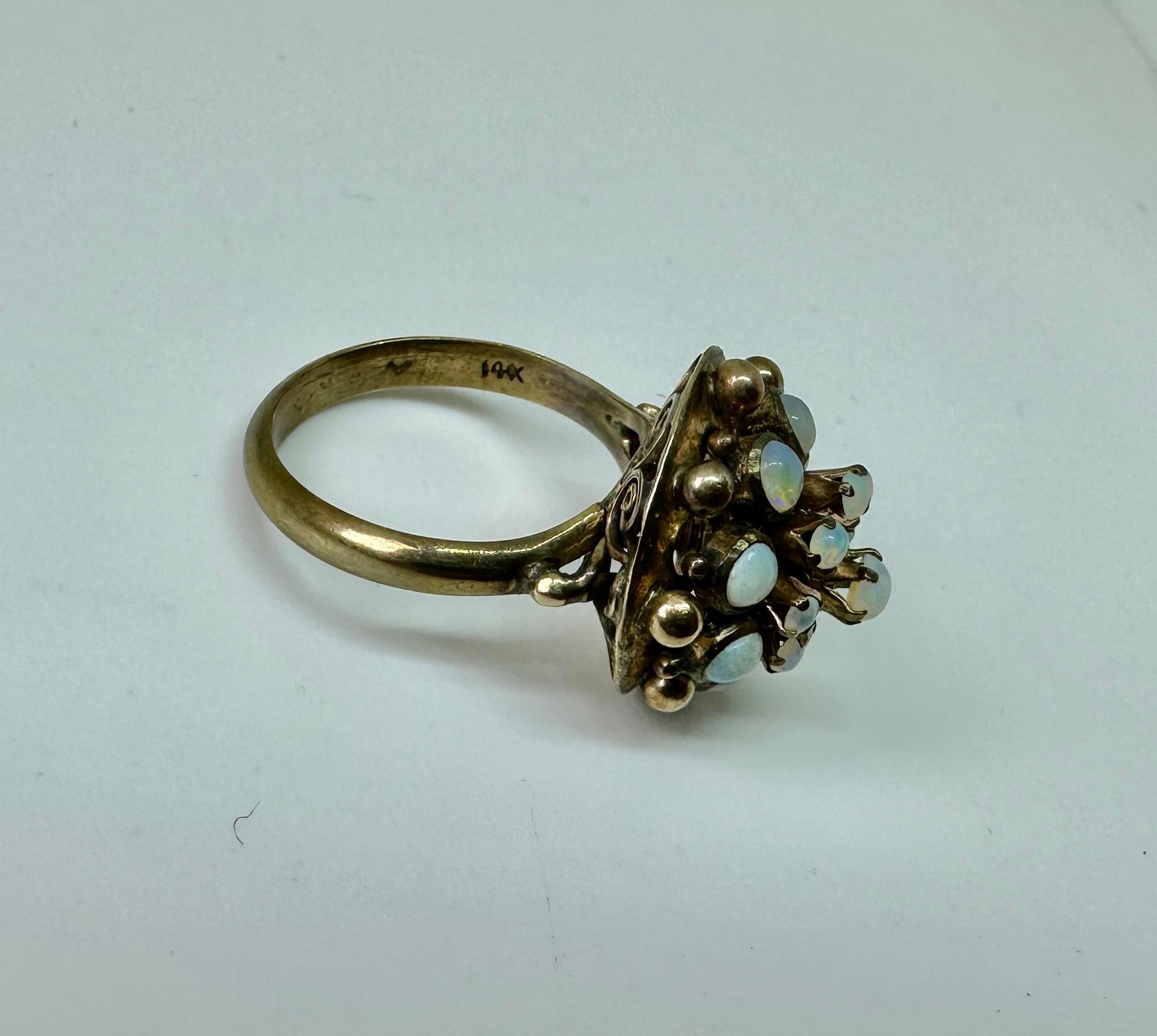 Fire Opal Ring Art Deco Princess Bombe 14 Karat Gold Opals Blue Green For Sale 6