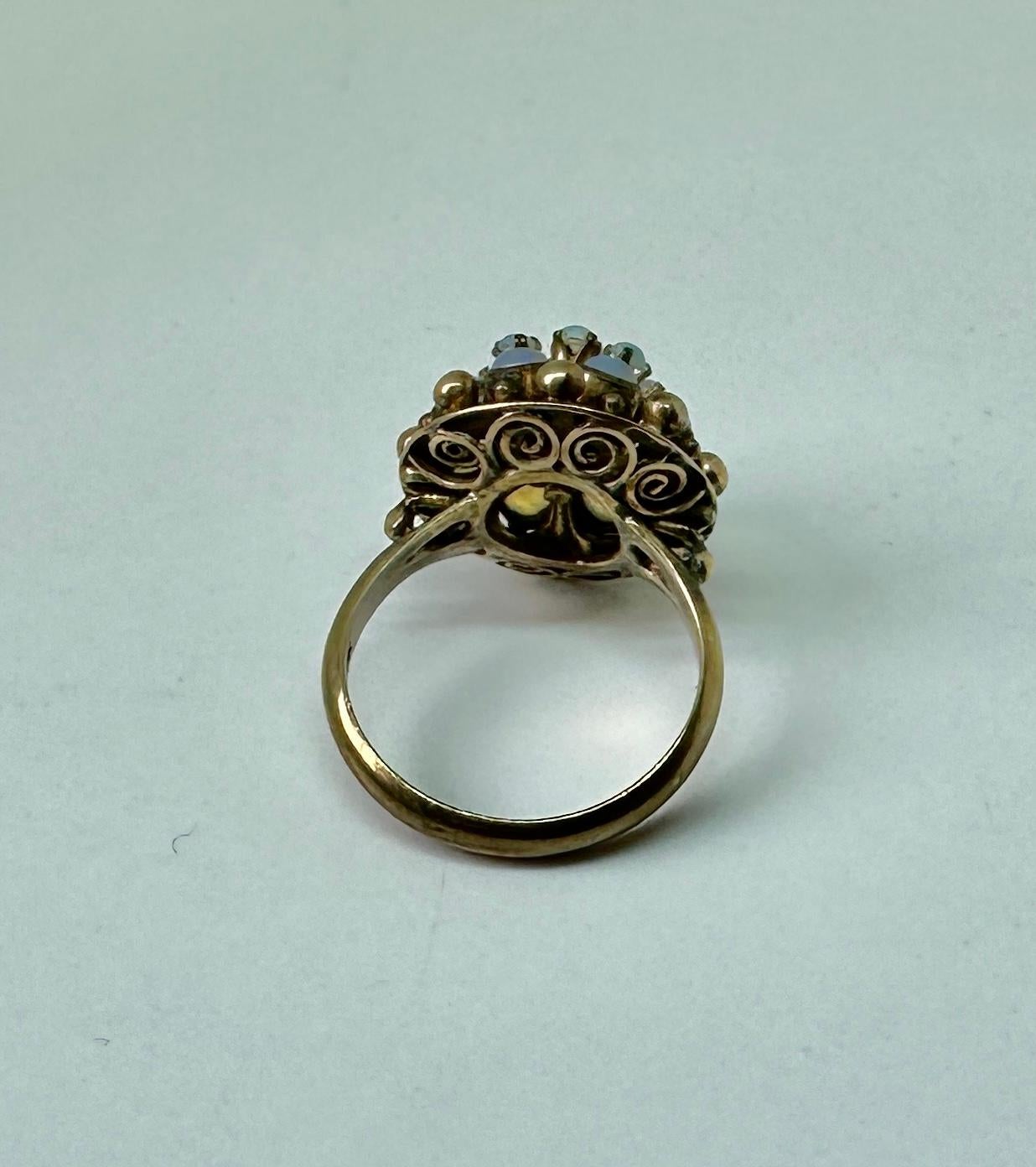 Fire Opal Ring Art Deco Princess Bombe 14 Karat Gold Opals Blue Green For Sale 7