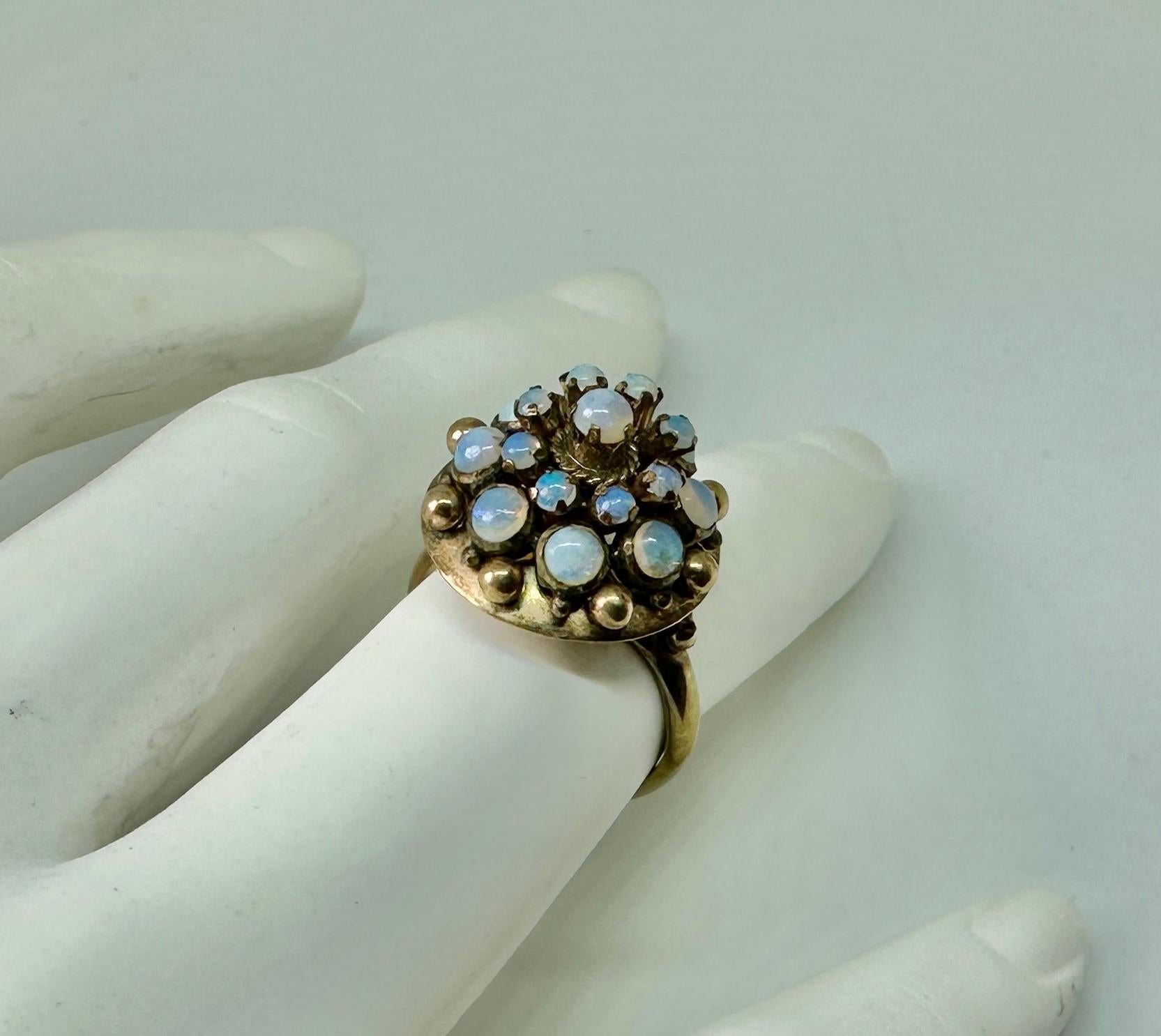 Cabochon Fire Opal Ring Art Deco Princess Bombe 14 Karat Gold Opals Blue Green For Sale