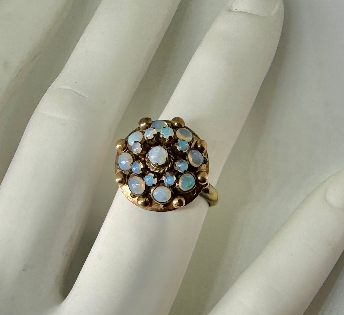 Fire Opal Ring Art Deco Princess Bombe 14 Karat Gold Opals Blue Green In Excellent Condition For Sale In New York, NY