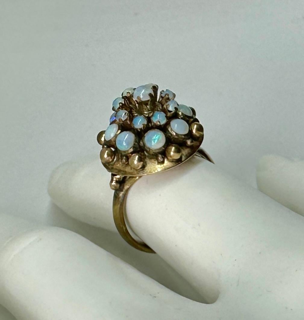 Women's Fire Opal Ring Art Deco Princess Bombe 14 Karat Gold Opals Blue Green For Sale