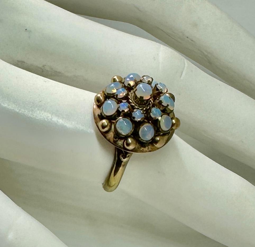Fire Opal Ring Art Deco Princess Bombe 14 Karat Gold Opals Blue Green For Sale 1