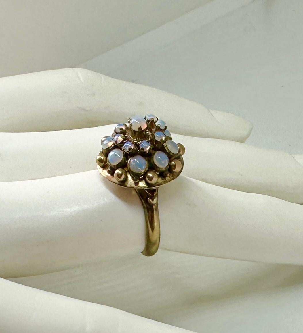 Fire Opal Ring Art Deco Princess Bombe 14 Karat Gold Opals Blue Green For Sale 2