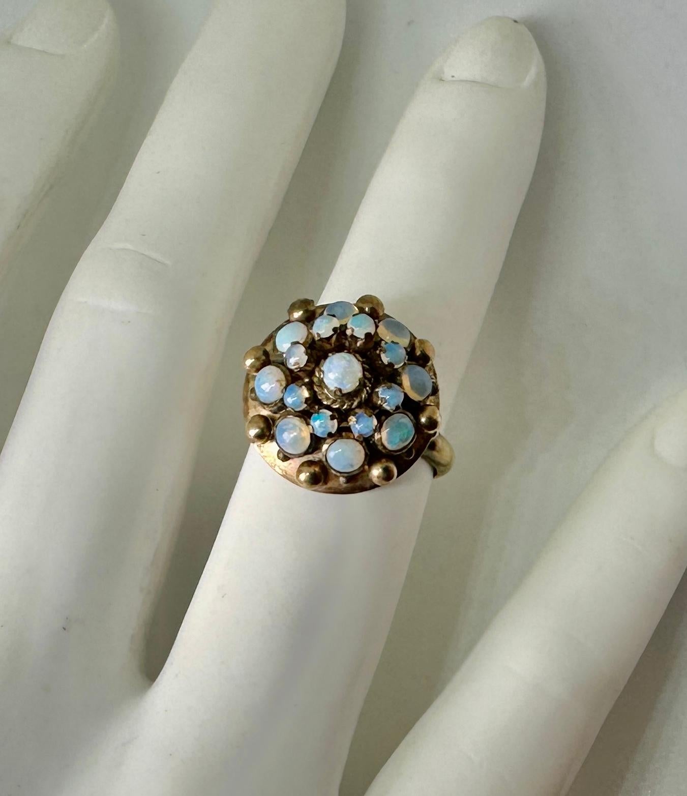 Fire Opal Ring Art Deco Princess Bombe 14 Karat Gold Opals Blue Green For Sale 3