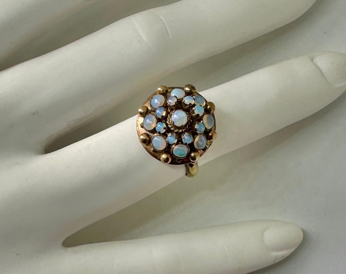 Fire Opal Ring Art Deco Princess Bombe 14 Karat Gold Opals Blue Green For Sale 4