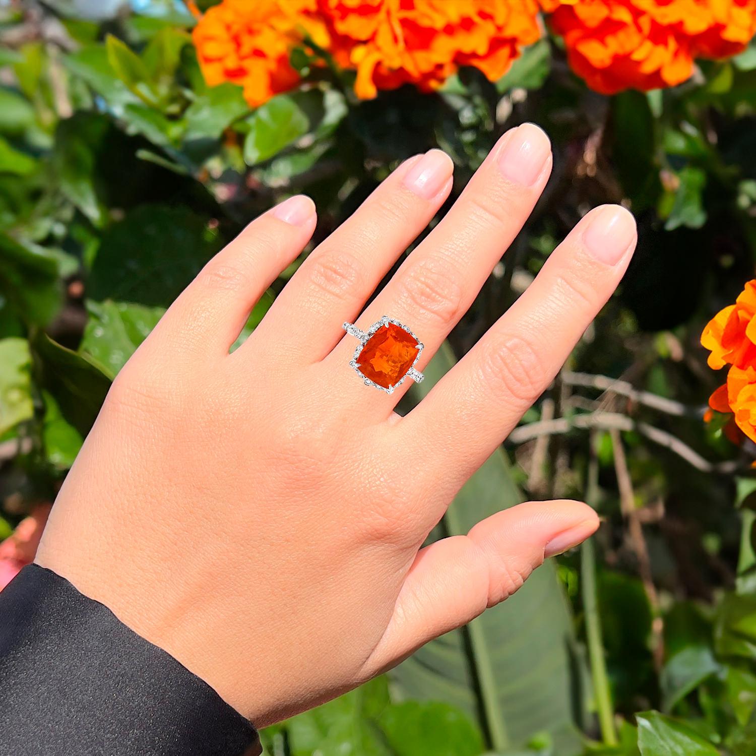 Contemporary Fire Opal Ring With Diamonds 3.37 Carats 14K White Gold For Sale