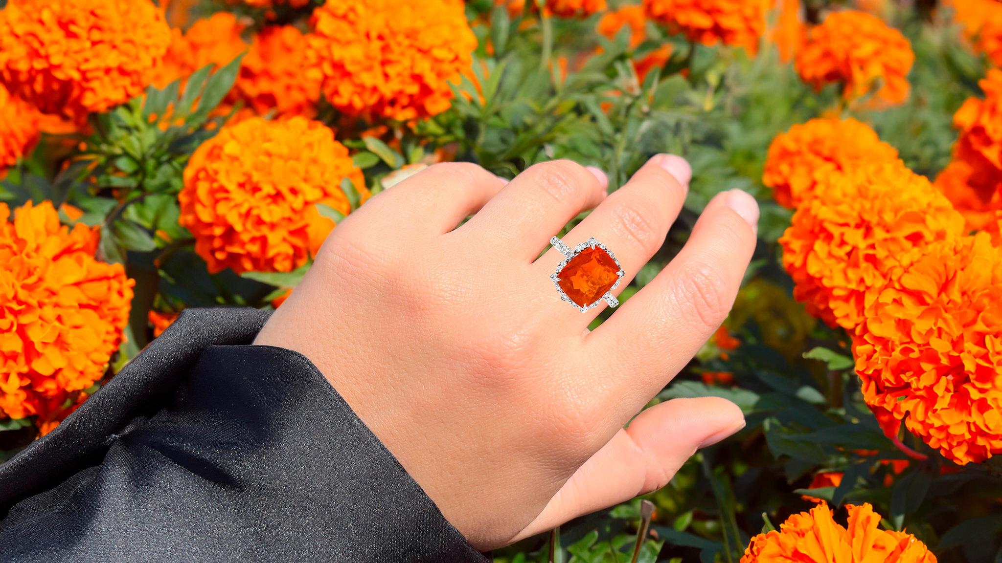 Cushion Cut Fire Opal Ring With Diamonds 3.37 Carats 14K White Gold For Sale