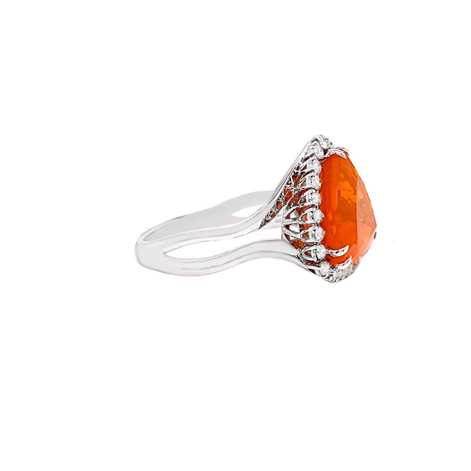 Fire Opal Ring With Diamonds 4.14 Carats 14K White Gold In Excellent Condition For Sale In Laguna Niguel, CA