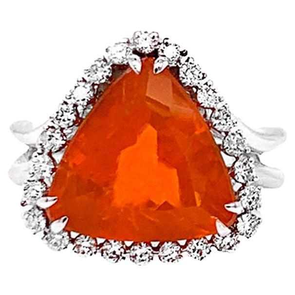 Fire Opal Ring With Diamonds 4.14 Carats 14K White Gold For Sale