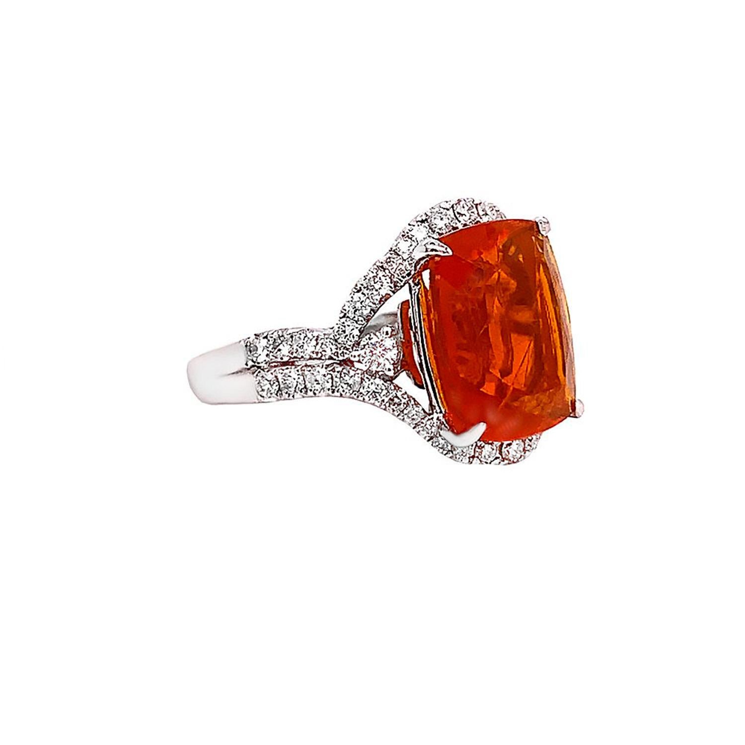Radiant Cut Fire Opal Ring With Diamonds 5.48 Carats 14K White Gold For Sale