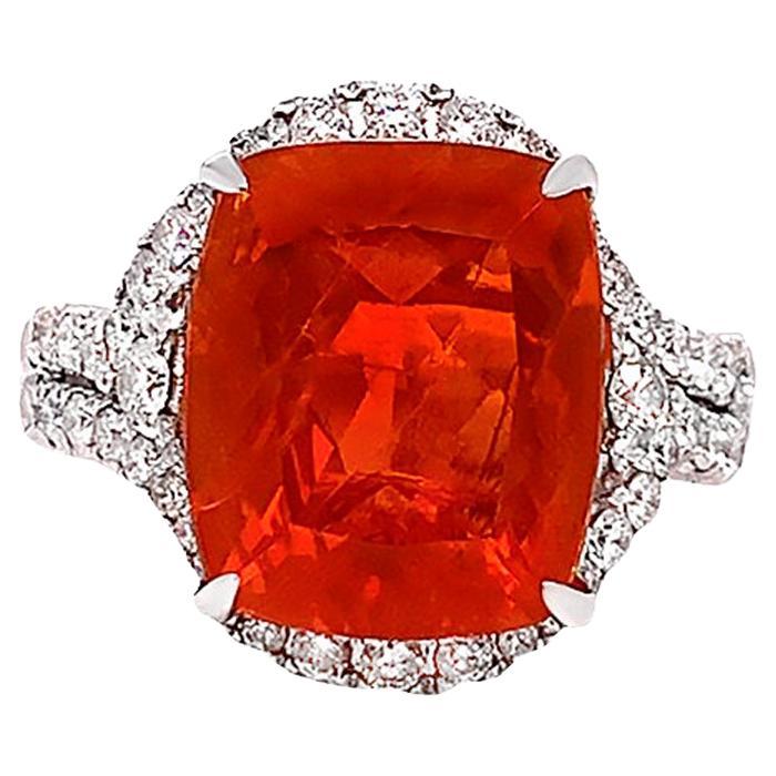 Fire Opal Ring With Diamonds 5.48 Carats 14K White Gold For Sale