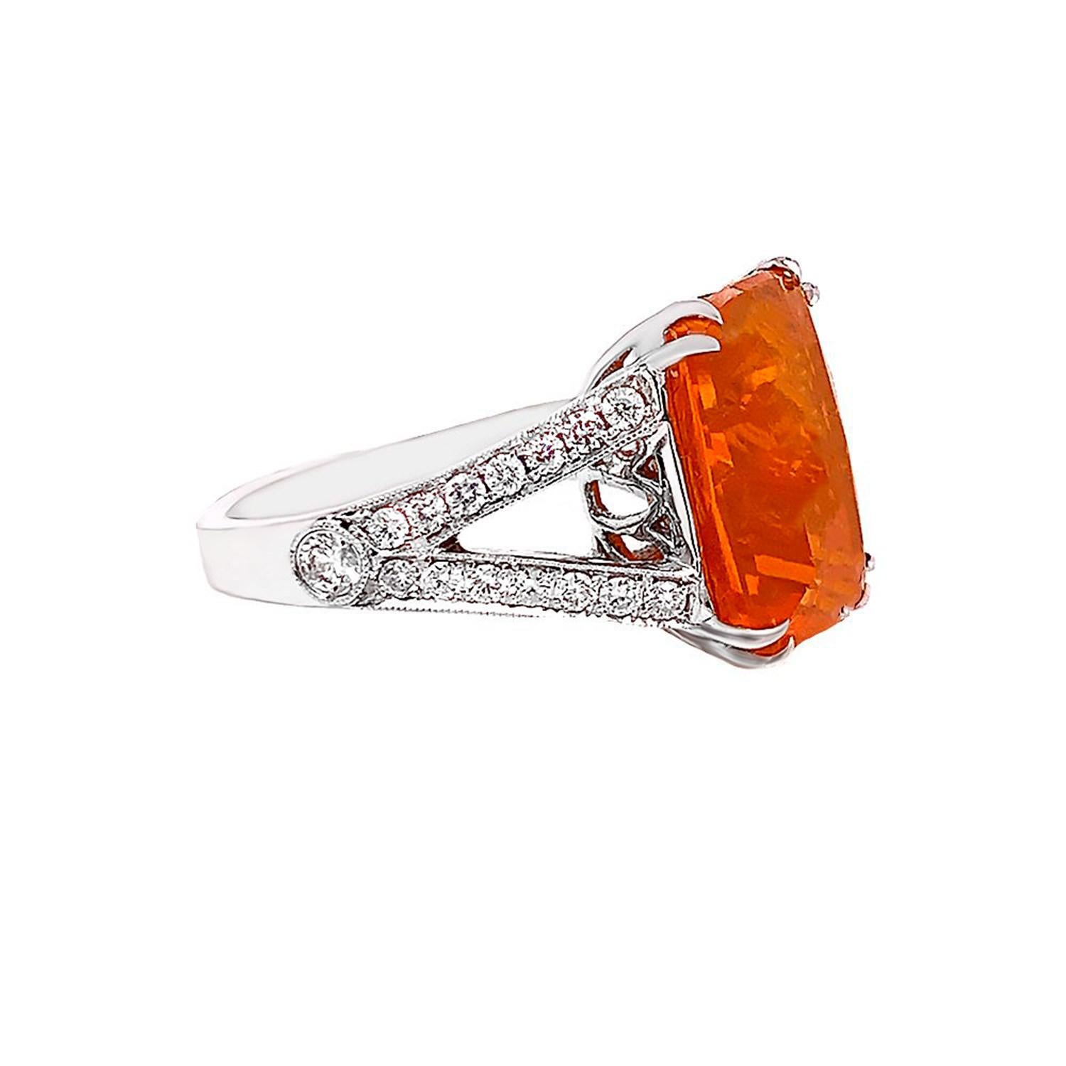 Radiant Cut Fire Opal Ring With Diamonds 6.46 Carats 14K White Gold For Sale