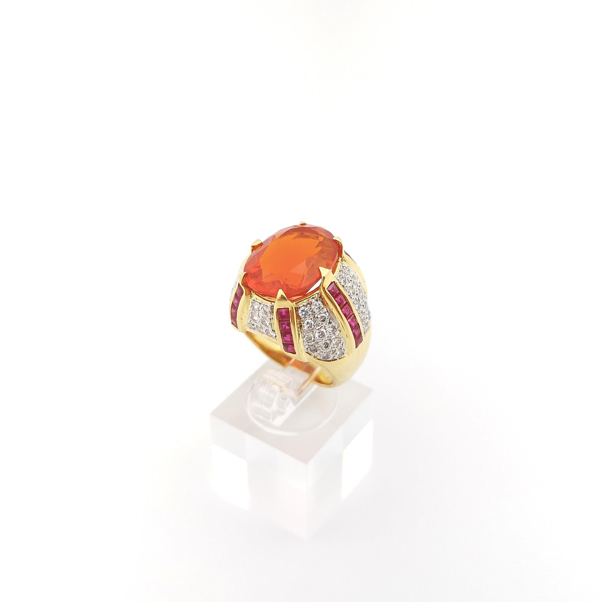 Fire Opal, Ruby and Diamond Ring set in 14K Gold Settings For Sale 6