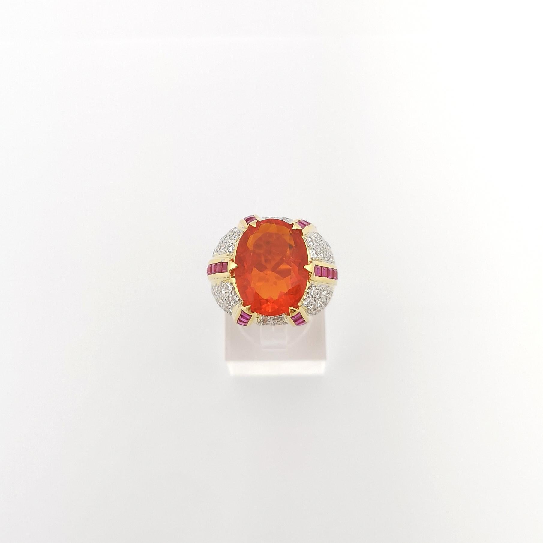 Fire Opal, Ruby and Diamond Ring set in 14K Gold Settings For Sale 7