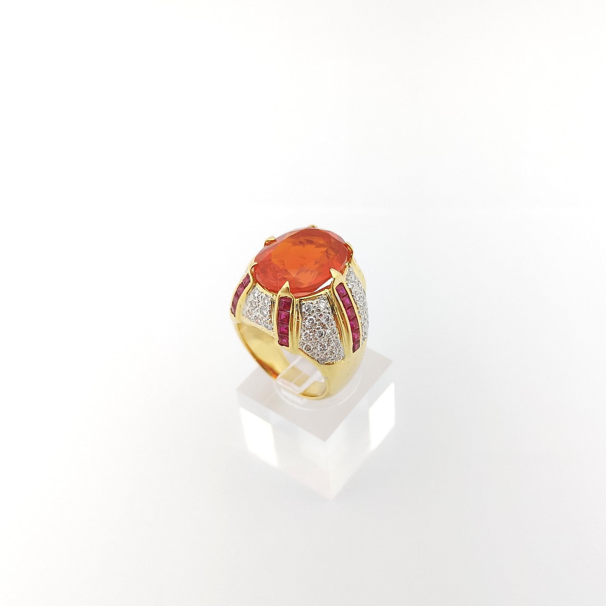 Fire Opal, Ruby and Diamond Ring set in 14K Gold Settings For Sale 9