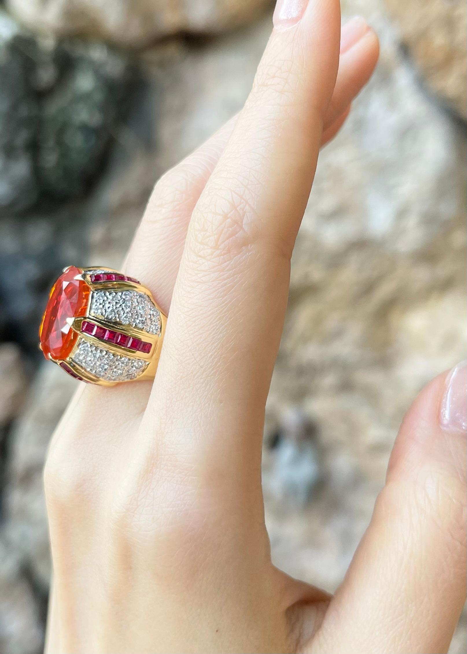 Fire Opal, Ruby and Diamond Ring set in 14K Gold Settings In New Condition For Sale In Bangkok, TH
