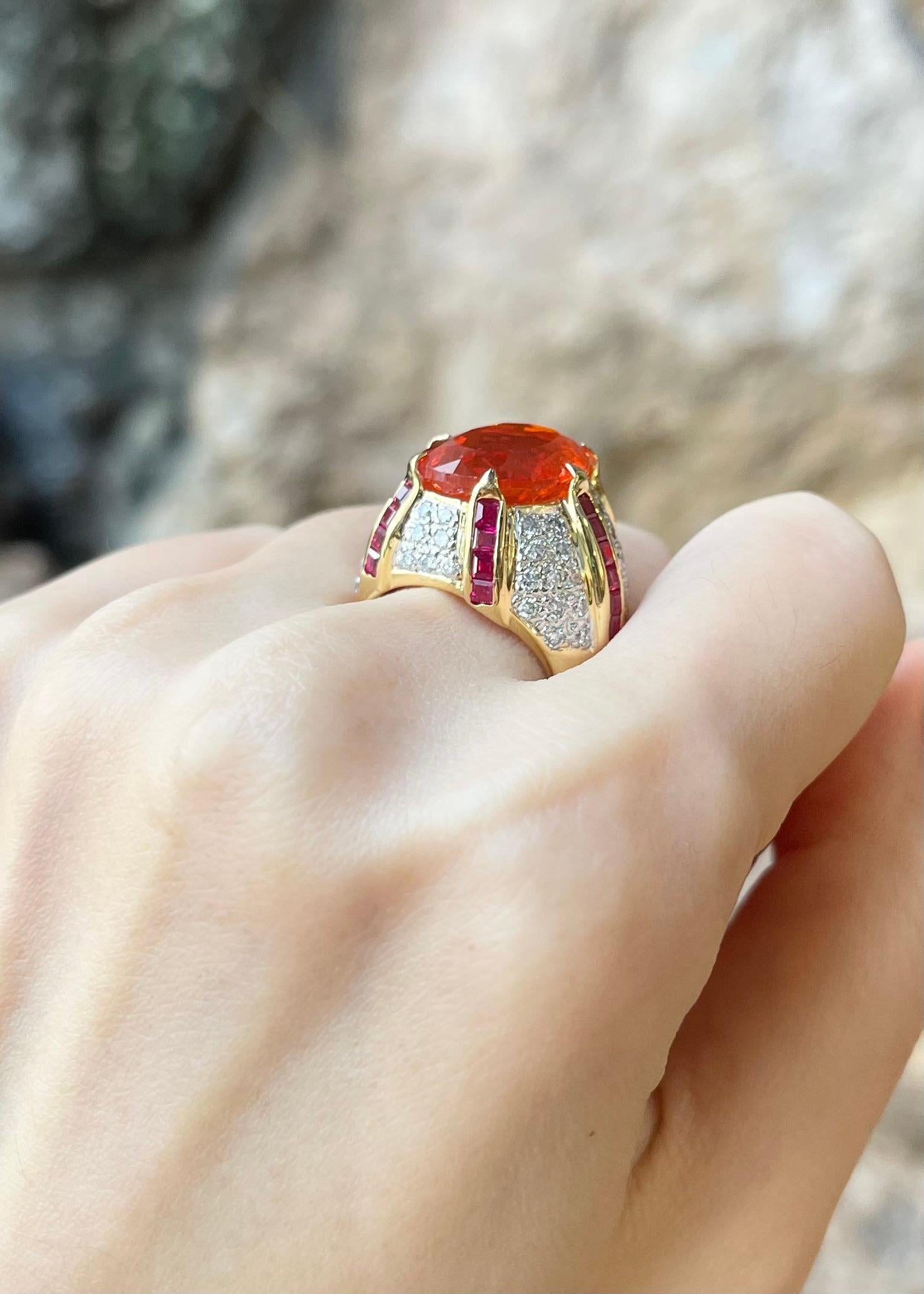 Women's or Men's Fire Opal, Ruby and Diamond Ring set in 14K Gold Settings For Sale