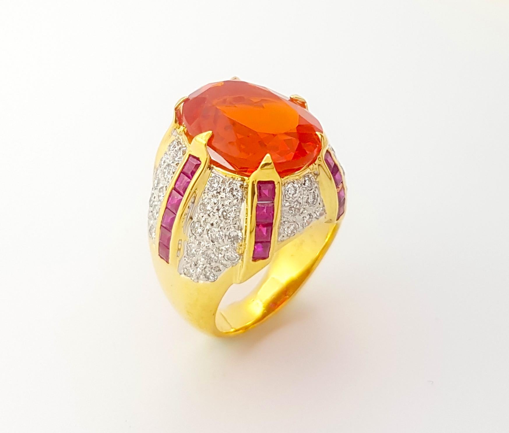 Fire Opal, Ruby and Diamond Ring set in 14K Gold Settings For Sale 1