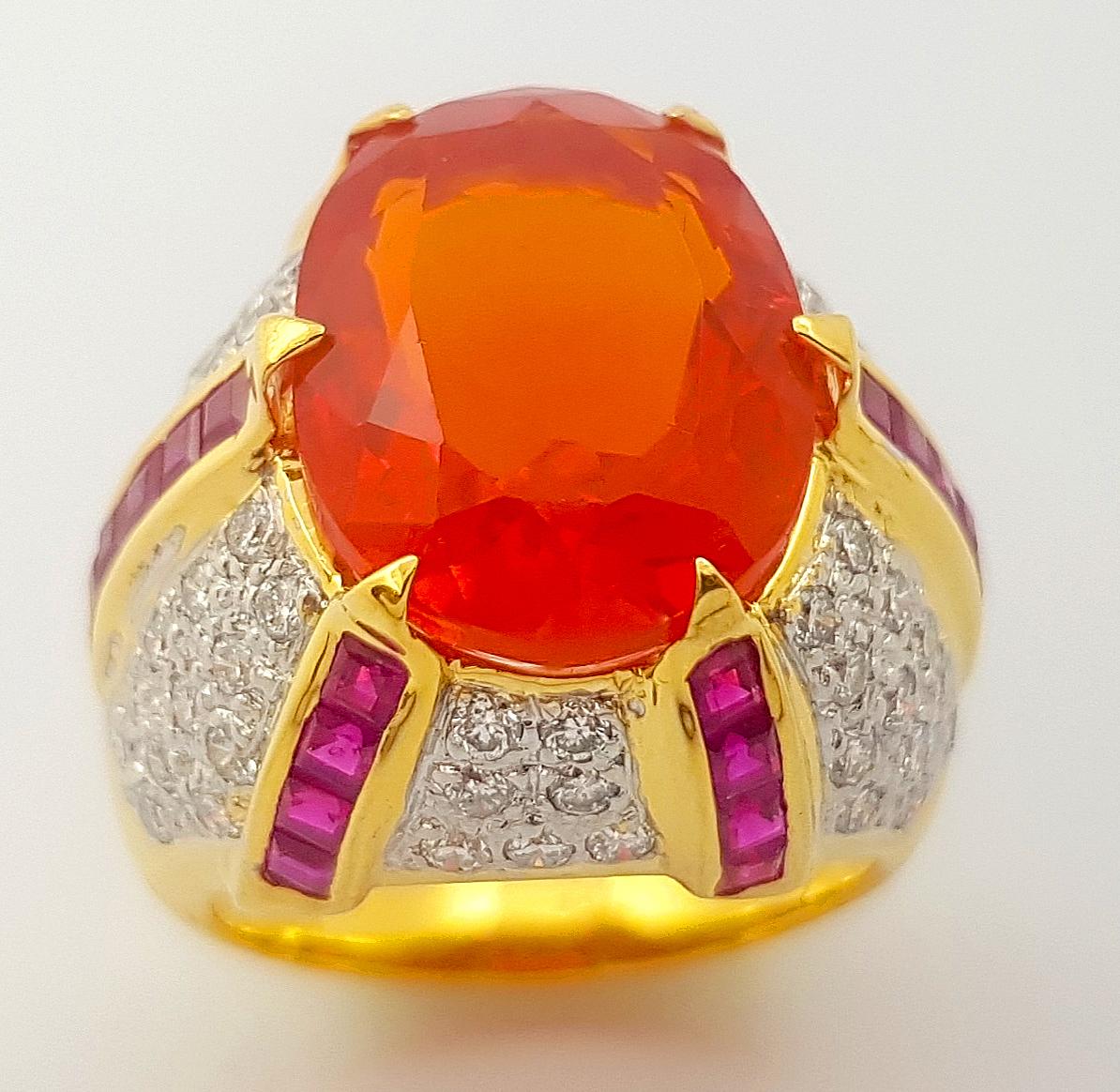 Fire Opal, Ruby and Diamond Ring set in 14K Gold Settings For Sale 2