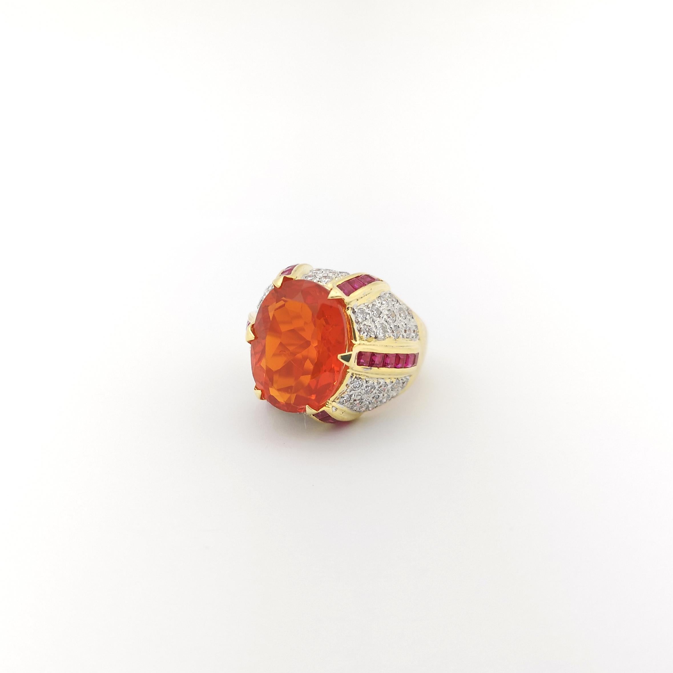 Fire Opal, Ruby and Diamond Ring set in 14K Gold Settings For Sale 3