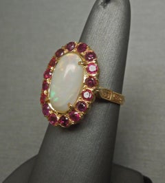 Fire Opal and Ruby Engraved 14 Karat Gold Ring