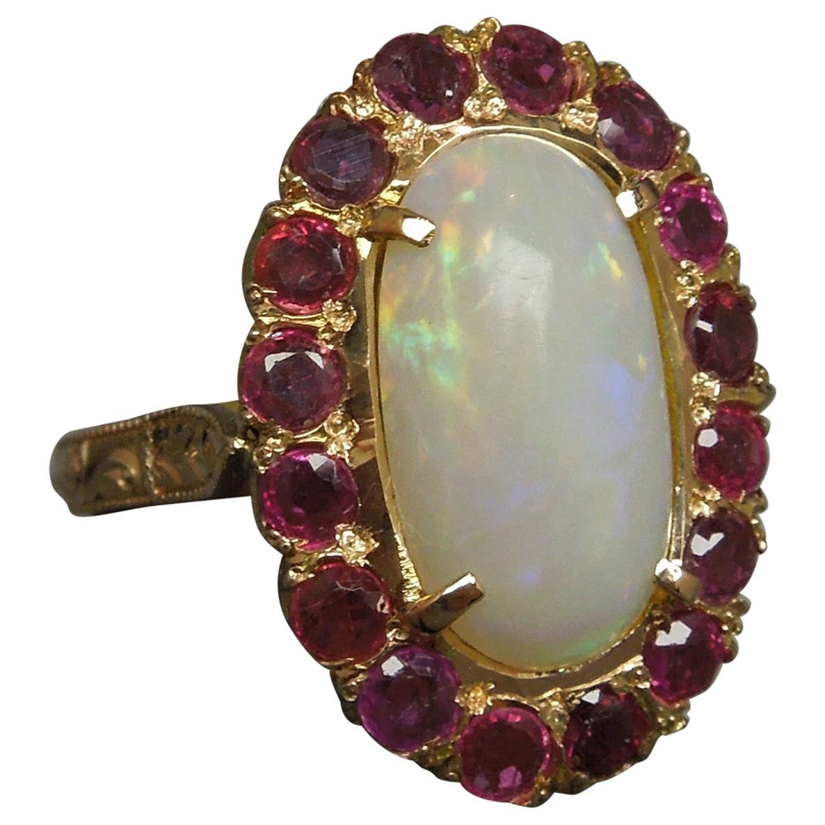 Fire Opal and Ruby Engraved 14 Karat Gold Ring For Sale