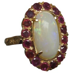 Vintage Fire Opal and Ruby Engraved 14 Karat Gold Ring